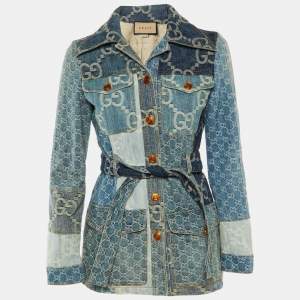 Pre Owned Gucci Blue GG Denim Patchwork Belted Jacket S