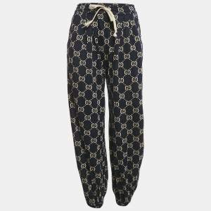Pre Owned Gucci Navy Blue GG Supreme Monogram Jacquard Knit Trackpants XS