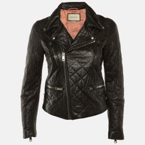 Gucci Black Quilted Leather Logo Embellished Biker Jacket XS