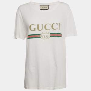 Pre Owned Gucci White GG Web Print Cotton Distressed T-Shirt S