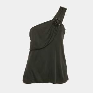 Pre Owned Gucci Black Jersey Floral Brooch Detail One-Shoulder Top M