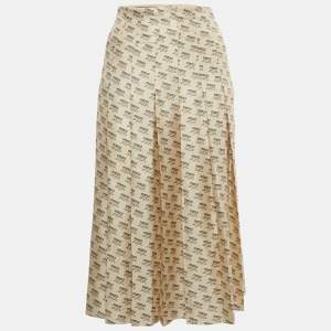 Pre Owned Gucci Beige Stamp Print Silk Pleated Midi Skirt S