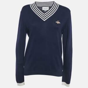 Pre Owned Gucci Navy Blue Wool Knit V-Neck Sweater S