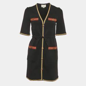 Pre Owned Gucci Black Crepe Stripe Trim Detail Mini Dress XS  