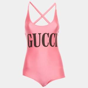 Pre Owned Gucci Pink Logo Print Jersey Cross-Over Strap Detail Swimsuit S