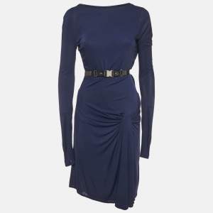 Pre Owned Gucci Navy Blue Jersey Belt Detail Knee-Length Dress M