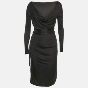 Pre Owned Gucci Black Jersey Cowl Neck Belted Short Dress M 