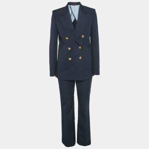 Pre Owned Gucci Navy Blue Cotton Tailored Pants Suit Set S