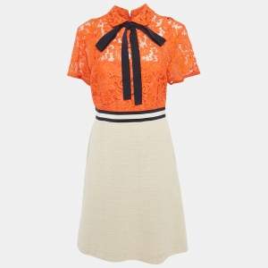 Pre Owned Gucci Orange/Cream Lace &Tweed Neck Tie Detail Short Dress M