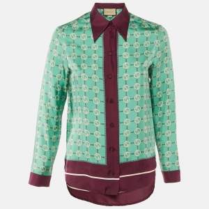 Pre Owned Gucci Green Interlocking G Print Silk Button Front Shirt S