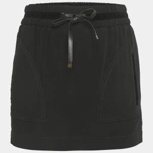 Pre Owned Gucci Black Crepe Velvet Trim Drawstring Mini Skirt S 
