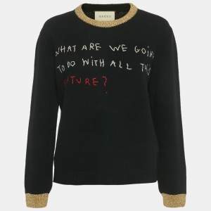 Pre Owned Gucci Black Embroidered Lurex Trim Wool Knit Sweater L