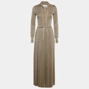 Pre Owned Gucci Beige/Green Patterned Lamé Knit Drawstring Maxi Dress XS