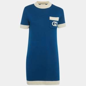 Pre Owned Gucci Blue GG Embroidered Knit Mini Dress M