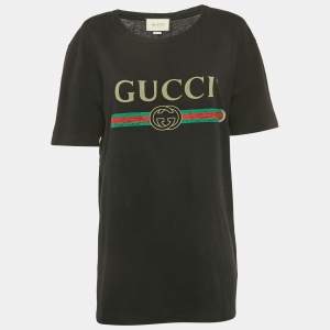Pre Owned Gucci Black Vintage Logo Print Jersey Distressed T-Shirt M