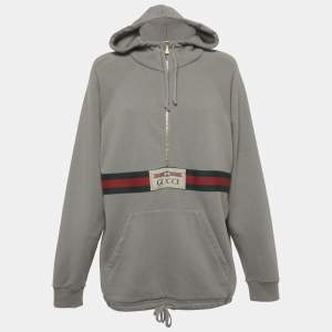 Pre Owned Gucci Grey Web Applique Cotton Knit Oversized Hoodie S