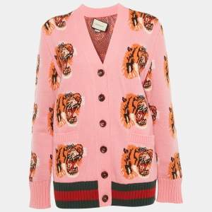 Pre Owned Gucci Pink Tiger Intarsia Wool Oversized Cardigan S
