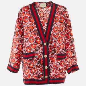 Pre Owned Gucci Red Poppy Print Silk Button Front Pajama Top S