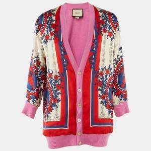 Pre Owned Gucci Pink Carillon Print Silk & Wool Reversible Cardigan L