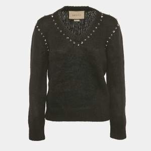 Pre Owned Gucci Black Studded Mohair Wool V-Neck Sweater S