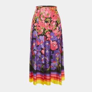 Pre Owned Gucci Pink/Purple Floral Print Silk Pleated Midi Skirt M