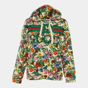 Pre Owned Gucci Beige Floral Print and Embroidered Cotton Knit Hoodie S