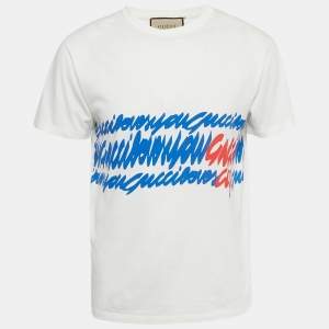 Pre Owned Gucci Ivory Printed Jersey Crewneck T-Shirt XS