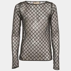 Pre Owned Gucci Black GG and Stars Embroidered Tulle Sheer Top S