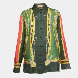 Pre Owned Gucci Green/Red Printed Silk Long Sleeve Shirt M