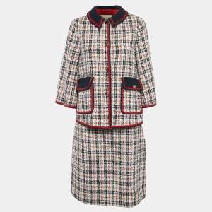 Pre Owned Gucci Navy Blue/White Tweed Jacket & Skirt Set M/L