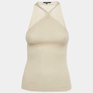 مملوكة مسبقًا توب غوتشي بياقة ملتوية تريكو أضلاع بيج مقاس صغير جدًا