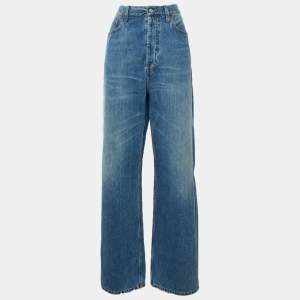 Pre Owned Gucci Blue Logo Patch Denim Wide Leg Jeans M Waist 32"