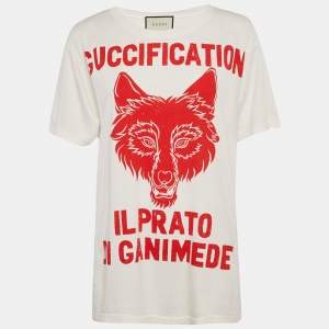 Pre Owned تي شيرت غوتشي قطن بطبعة غرافيك كريم فضفاض المقاس صغير - سمول