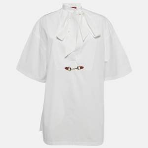 Pre Owned Gucci White Cotton Horse bit Detail Tunic Top S