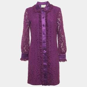 مملوكة مسبقًا Gucci Purple Lace Cotton Satin Trim Detail Shirt Dress M