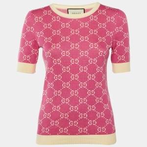 Pre Owned كنزة غوتشي محبوكة بجاكارد GG باللون الوردي مع ياقة دائرية مقاس صغير