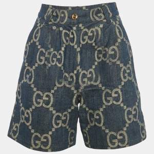Pre Owned Gucci Blue Jumbo GG Jacquard Denim Pleated Shorts XS/Waist 24"