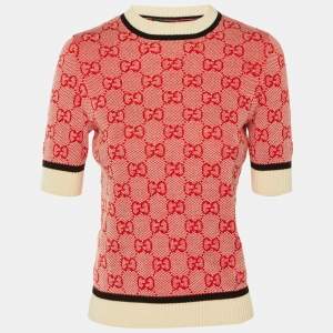 مملوكة مسبقًا Gucci Red GG Jacquard Wool & Cotton Crew Neck Top S