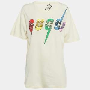 مملوكة مسبقًا Gucci Cream Embellished Logo Jersey Oversized T-Shirt S