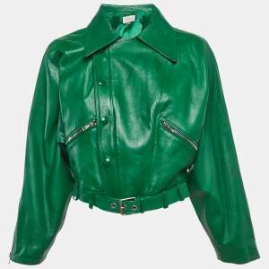 مملوكة مسبقًا Gucci Green Shiny Leather Belted Blouson M