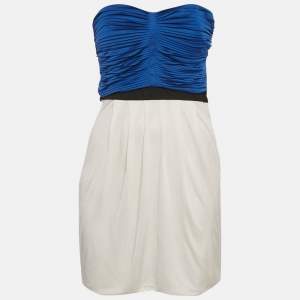 Pre Owned Gucci Blue & White Jersey Pleated Strapless Mini Dress S