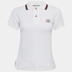Pre Owned Gucci White GG Applique Terry Fitted Polo T-Shirt S