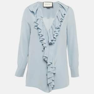 Pre Owned Gucci Blue Silk Ruffled Blouse S