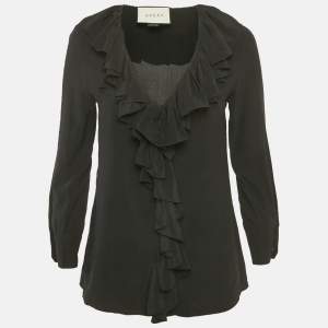 مملوكة مسبقًا Gucci Black Silk Ruffled Blouse M