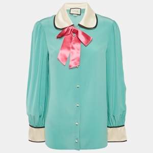 مملوكة مسبقًا Gucci Blue Silk Bow Detail Long Sleeve Blouse L
