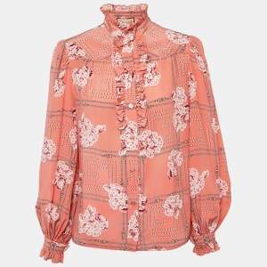 مملوكة مسبقًا Gucci Pink Floral Print Silk Ruffled Blouse S