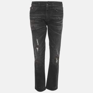 Pre Owned بنطلون جينز غوتشي دنيم رمادي مزين قصه مستقيمة مقاس صغير خصر 30 بوصة