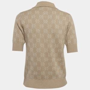 Pre Owned Gucci Beige Lamé GG Jacquard Polo T-Shirt S