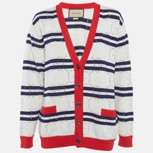 مملوكة مسبقًا Gucci White GG Pointelle Knit Striped Cardigan S