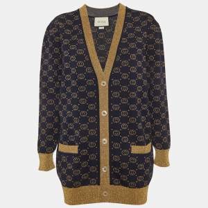 Pre Owned Gucci Blue GG Lame Wool Cardigan S